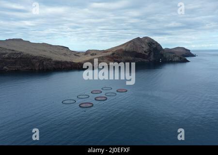 Landschaftsfotografie von einer Drohne Blick auf die Spitze von san lorenzo, wo es Fischfarmen, madeira, portugal Stockfoto