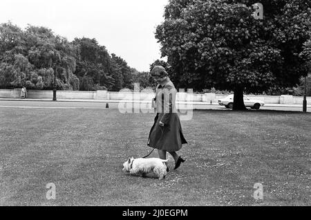 Die Labour-Abgeordnete Shirley Williams läuft mit ihrem Hund. 7.. Juni 1979. Stockfoto