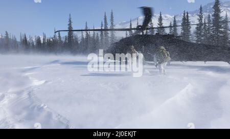 Green Berets mit 10. Special Forces Group (Airborne) Ladung in einen MH-60 Black Hawk Hubschrauber mit 160. Special Operations Aviation Regiment (Airborne) während der Übung ARCTIC EDGE 2022 in Wiseman, Alaska, 14. März 2022. AE22 ist eine alle zwei Jahre stattfindende Multi-Service-Übung, die den Teilnehmern realistische und effektive Schulungen an den wichtigsten Schulungsorten bietet, die vom 28. Februar bis zum 17. März in ganz Alaska verfügbar sind. (USA Foto der Armee von Staff Sgt. Anthony Bryant) Stockfoto