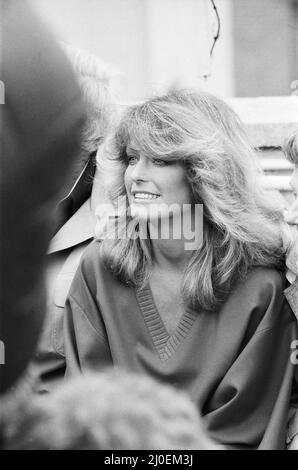 DIE US-Schauspielerin Farrah Fawcett Majors, aufgenommen bei einem Fotoempfang im Dorcester Hotel in London, April 1978. Stockfoto