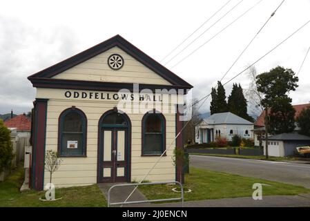 REEFTON, NEUSEELAND, 6. SEPTEMBER 2021: Die historische Oddfellows Hall in Reefton, Neuseeland, 6. September 2021 Stockfoto