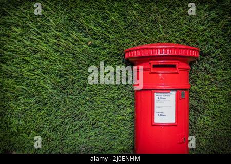 Classic Red British Pillar Box Gegen Heckenrand Stockfoto