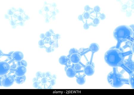 Blaue Moleküle fliegen im Raum soliert auf weißem Hintergrund. Abstrakte medizinische oder wissenschaftliche 3d-Illustration Stockfoto