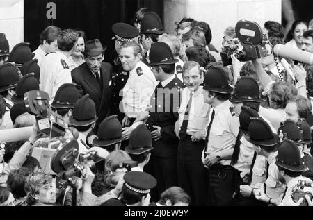 Jeremy Thorpe verlässt den Old Bailey, nachdem er von der Anstiftung zum Mord befreit wurde. 22.. Juni 1979. Stockfoto