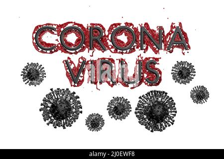 Coronavirus Wuhan, China COVID-19-Inschrift aus Blut mit darunter liegenden Koronazellen. Epidemien-Zustand 3D Abbildung isoliert Stockfoto