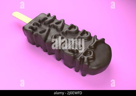 Frohe Ostern Text auf Schokolade Eis auf einem Stock Auf farbigem rosa Hintergrund Stockfoto