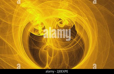 Neon glühend gelb verdrehte kosmische Linien fliegen im Raum. Turbulenz Locken fließen farbenfrohe Bewegungen. Flüssige und glatte Astronomie Stockfoto