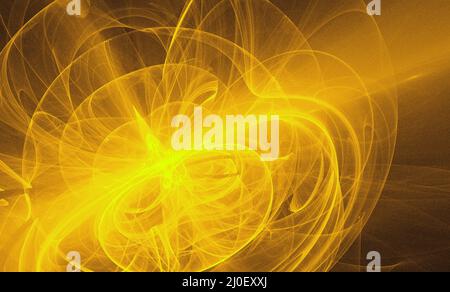 Neon glühend gelb verdrehte kosmische Linien fliegen im Raum. Turbulenz Locken fließen farbenfrohe Bewegungen. Flüssige und glatte Astronomie Stockfoto