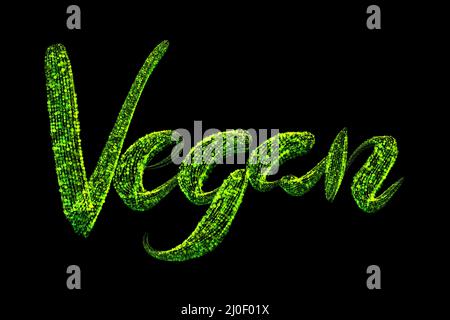 Vegane Wortschrift aus mehrfarbigen leuchtenden Kreisen isoliert auf Schwarzer Hintergrund Stockfoto