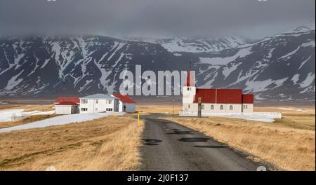 Isländische Kirche auf der Halbinsel snaefellsnes, Island. Stadastakirkja Kapelle Stockfoto