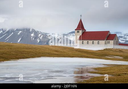 Isländische Kirche auf der Halbinsel snaefellsnes, Island. Stadastakirkja Kapelle Stockfoto