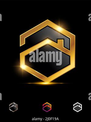 Ein Vektor-Illustration-Set aus goldenem Hexagon-Heim-Monogramm-Buchstabe Ein Symbol Stock Vektor