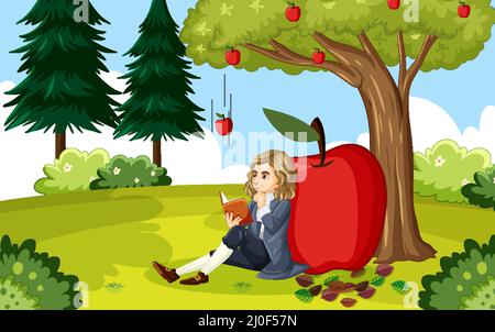 Isaac Newton sitzt unter Apfelbaum Illustration Stock Vektor