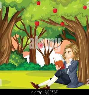 Isaac Newton sitzt unter Apfelbaum Illustration Stock Vektor