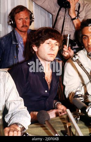 Roman Polanski, Filmregisseur bei den Filmfestspielen von Cannes 1979, Mai 1979. Auf einer neuen Pressekonferenz, auf der er seinen Film „Tess“ der Erinnerung an seine verstorbene Frau Sharon Tate widmete. Stockfoto