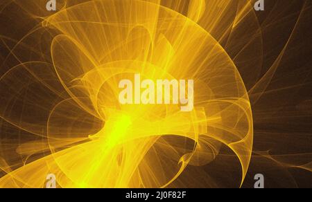 Neon glühend gelb verdrehte kosmische Linien fliegen im Raum. Turbulenz Locken fließen farbenfrohe Bewegungen. Flüssige und glatte Astronomie Stockfoto