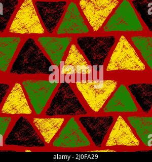 Handgezeichnetes nahtloses Muster mit afrikanischem geometrischem Ornament-Design-Druck, Stoff Juneteenth Freedom 1865, gelb-grün-rot-schwarz, abstrakt geformte Stoffe, ethnischer Hintergrund Stockfoto