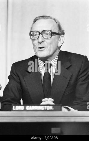 Außenminister Lord Carrington bei einer Konferenz zu Rhodesien.7.. Dezember 1979. Stockfoto