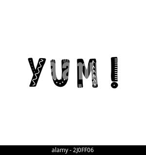Yum-Schriftzug. Handgezeichneter skandinavischer Satz und Inspirationszitat. Hygge Kinderposter. Vektor-Illustration im flachen Cartoon-Stil. Super für Karten Stock Vektor