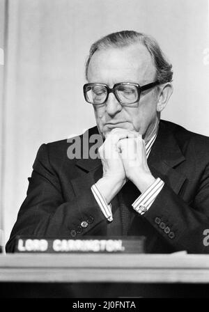 Außenminister Lord Carrington bei einer Konferenz zu Rhodesien. 7.. Dezember 1979. Stockfoto