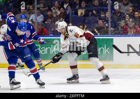 Rochester, USA. 18. März 2022. 18. März 2022: Cleveland Monsters forward Kevin Stenlund (82) Skates in der ersten Periode gegen die Rochester Americans. Die Rochester Americans veranstalteten die Cleveland Monsters in einem Spiel der American Hockey League in der Blue Cross Arena in Rochester, New York. Quelle: Cal Sport Media/Alamy Live News Stockfoto