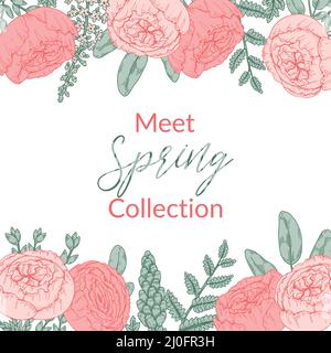 Sanftes Frühlingsdessin mit floralen Elementen. Handgezeichnete Vektorgrafik Stock Vektor