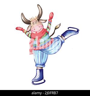 Stier auf Figur Schlittschuhe.Handgezeichnete Aquarell-Illustration Stockfoto