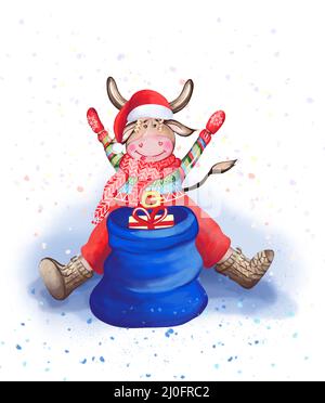 Bull Santa Claus. Symbol des Jahres 2021. Handgezeichnete Aquarellillustration. Design für Postkarten, Drucke, Aufkleber Stockfoto