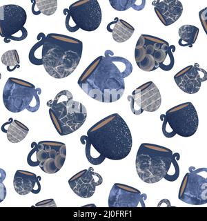 . Nahtloses Muster von blauen Cups. Design für Küchenzubehör, Handtücher Stockfoto