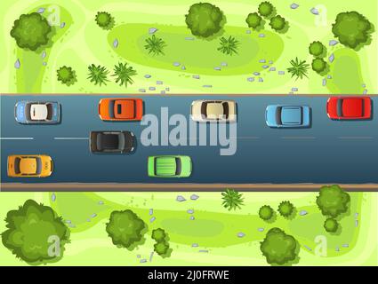 Straße mit Autoverkehr. Blick von oben. Wiese und Felder mit Bäumen. Moderne Autos. Cartoon niedlichen Stil Illustration. Autos fahren auf der asphaltierten Straße. Stock Vektor