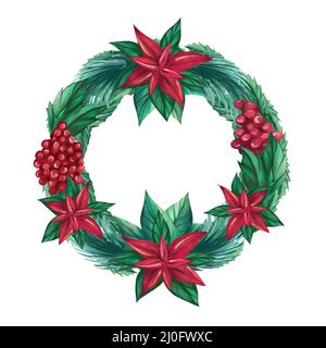 Weihnachtskranz aus Beeren, Zweigen und Poinsettia. Aquarell-Kranz Stockfoto