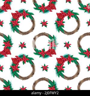 Weihnachten Aquarell Kranz nahtlose Muster. Illustration im Vintage-Stil. Stockfoto
