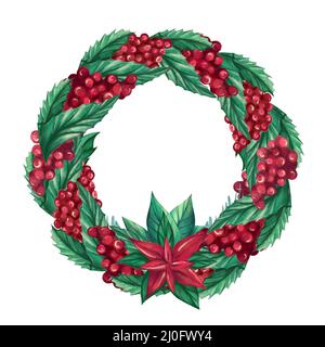 Weihnachtskranz aus Beeren, Holly Blätter, Poinsettia Stockfoto