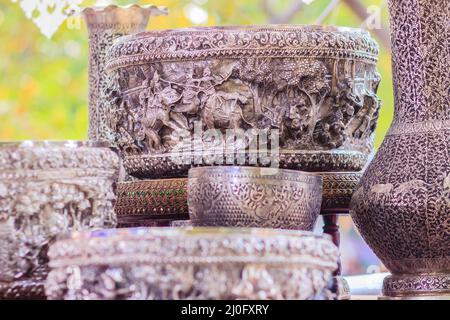 Schöne alte Thai Echt Silber Bowl, Retro gravierte Besteck, schöne Echt Silber bowl Kunsthandwerk von Thailand Stockfoto