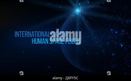 Nationaler Tag des menschlichen Raumflugkonzepts. Futuristischer, moderner abstrakter Planet auf blauem Hintergrund. Vektorgrafik Stock Vektor