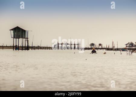 Hütte im Meer, die für den Besitzer verwendet, um zu bleiben und seine Herzmuschel-Farm in Samut Songkram, Thailand zu bewachen Stockfoto