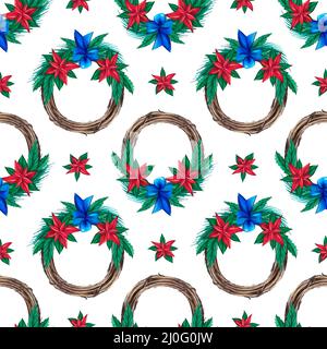 Weihnachten Aquarell Kranz nahtlose Muster. Handgezeichnete Illustration Stockfoto