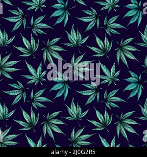 Cannabis auf blauem Hintergrund nahtloses Muster. Handgezeichnete schwarze und weiße Cannabisblätter auf blauem Hintergrund. Stockfoto