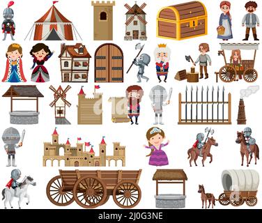Mittelalterliche Figuren Gebäude Set Illustration Stock Vektor