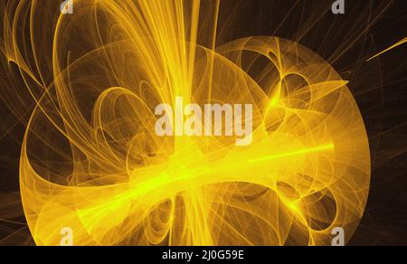 Neon glühend gelb verdrehte kosmische Linien fliegen im Raum. Turbulenz Locken fließen farbenfrohe Bewegungen. Flüssige und glatte Astronomie Stockfoto