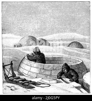 Bau eines Schneehauses im Eskimo von 'King Williamland, (, 1906), Bau eines Schneehauses bei den Eskimo von 'König Wilhelmland', Construction d'une maison de neige chez les Esquimaux du 'ROI Guillaume'. Stockfoto