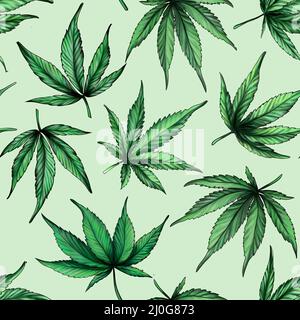 Nahtloses Marihuana-Muster auf grünem Hintergrund. Grüne Hanfblätter. ganja Stockfoto