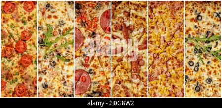 Nahaufnahme verschiedener Pizzatypen. Frisch gebackene italienische Pizza mit leckeren Belägen wie Tomaten und Salami, Wurst oder Grieß Stockfoto