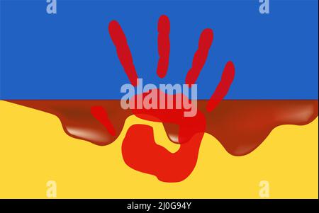 Vektor ukrainische Flagge mit einem Handprint in Blut. Russlands Invasion der Ukraine, Raketenangriffe auf Wohngebiete von Städten. Beendet den Krieg. Stock Vektor