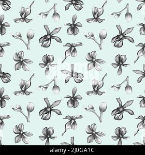 Nahtloses botanisches Muster einer Orchidee auf blauem Hintergrund Stockfoto