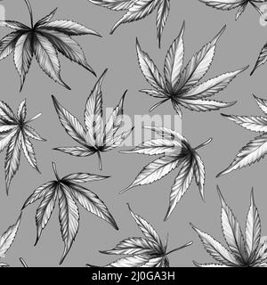 Marihuana-Muster. Nahtloses Muster von Cannabisblättern. Hanf auf grauem Hintergrund. Monochromes botanisches Ganji-Muster Stockfoto