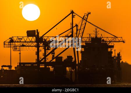 Tivoli, Cork, Irland. 19.. März 2022.Sunrise kreiert eine Silhouette der Portalkrane und des Containerschiffes BG Emerald am Tivoli dockt in Cork, Irland. - Credit; David Creedon / Alamy Live News Stockfoto