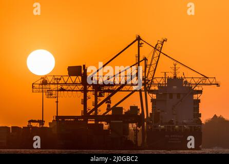 Tivoli, Cork, Irland. 19.. März 2022.Sunrise kreiert eine Silhouette der Portalkrane und des Containerschiffes BG Emerald am Tivoli dockt in Cork, Irland. - Credit; David Creedon / Alamy Live News Stockfoto