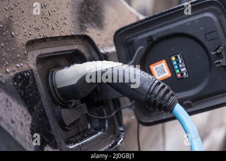 Elektrofahrzeug wird geladen - Nahaufnahme der Elektromobilität Stockfoto