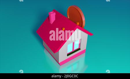 Geldkasten in Form eines Hauses und fallender Goldmünzen. Der Computer erzeugte eine Münze, die ins Haus fiel. 3D Rendering isometrischer BAC Stockfoto